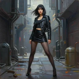 perfect, realistic oil painting of japanese girl posing, in leather jacket, miniskirt, pantyhose and high heels, in sci-fi dystopian alleyway, by an American professional senior artist, Hollywood concept, dynamic composition and motion, postproduction.