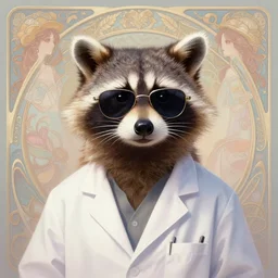 a cool anthropomorphic racoon wearing sunglasses wearing a lab coat, diffuse lighting, fantasy, intricate, elegant, highly detailed, lifelike, pastel, digital painting, artstation, illustration, concept art, smooth, sharp focus, art by frank frazetta and marco bucci and loish and rossdraws and artgerm and alphonse mucha