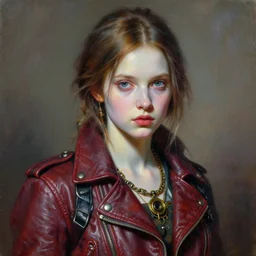 portrait of a young girl in a leather jacket, pale skin, vibrant color, steampunk, high detail, painting by tretchikoff and ruan jia and frank frazetta