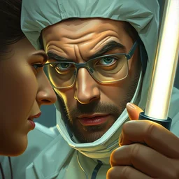 scientist, close up, in middle of frame, they look at us, glowing tubes, disdain!!!!!!, highly detailed, digital painting, artstation, concept art, smooth, sharp focus, illustration, art by artgerm and greg rutkowski and alphonse mucha