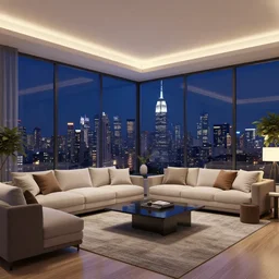 ultra realistic 3 d living room room render with floor to ceiling windows and view of new york at night, digital photography