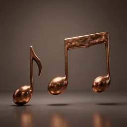 three quater notes in an art installation, made of polished broze, cinematic light, 8 k, octane render, reflections,