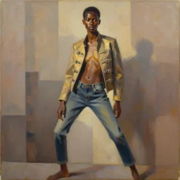 full body portrait, ethnic, realistic face sculpted features, thin and statuesque model, dynamic pose, urban outfit with jacket with rows of buckles, jeans, warm glow, radiant, bathed in light, chiaroscuro, specular highlights, angular impressionism, natural color scheme, earthy tones, modern fashion, contemporary art, gestural oil on canvas