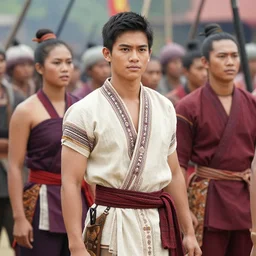 beautiful and handsome philippine's drama stars dress as tai warriors in crowded battlefield. traditional cotton costume.