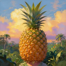 closeup, giant pineapple head, girl surrounded by the djungle, surreal photography, golden hour, colorful clouds, impressionist painting, digital painting, artstation, simon stalenhag