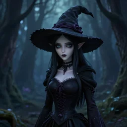 portrait of darkness witch as a 3D anime girl, dark forest background, inspired by Tim Burton, digital painting, unreal engine render, volumetric light, high détail