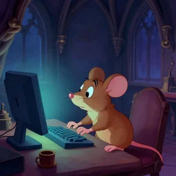 A mouse is working on a computer in a Gothic atelier, detailed, colorful, glowing lighting, 4k, dimly lit, in the style of vintage Disney 90s retro future,