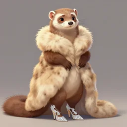 lorax movie : detailed illustration : ferret character : wearing a stravagant fur dress : wearing diamonds stiletto : head torso legs : pixiv