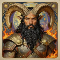 male warrior, brazilian man light brown skin, long black beard and hair, mars planet imagery, bighorn sheep, digital oil paining by artgerm, greg rutkowski, mucha, portrait | art nouveau. d & d. ornate intricate detail, complimentary burning colors. sharp edges. clear detailed. 8 k. elegance