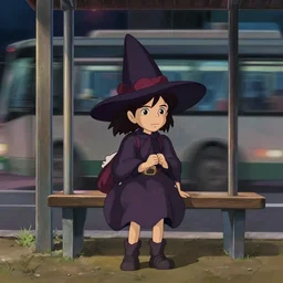 a wholesome animation key shot of a littlewitch in a bus stop waiting for a bus, studio ghibli, pixar and disney animation, sharp, rendered in unreal engine 5, anime key art by greg rutkowski, bloom, dramatic lighting