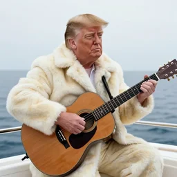 donald trump in a fur suit playing guitar on a yacht