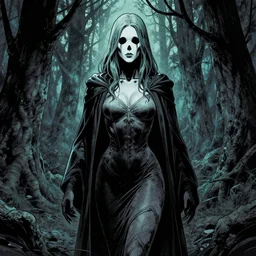 1 9 4 0 s ghost woman, detailed, comic book texture, spooky woods, 4 k symmetrical portrait, ashley wood, mike mignola, trending on artstation, norman saunders