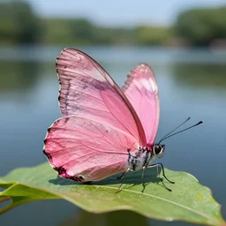 a closeup photorealistic photograph of a pink butterfly sitting on a leave on the lake, fantastic four theme. bright scene. fine detail. this 4 k hd image is trending on artstation, featured on behance, well - rendered, extra crisp, features intricate detail, epic composition and the style of unreal engine.