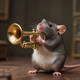 a rat using a trumpet, cinematic, professional photography