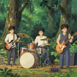 emo band playing music performing in the woods, hyperrealistic, trending on pixiv fanbox, painted by greg rutkowski makoto shinkai takashi takeuchi studio ghibli, akihiko yoshida