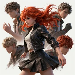 Very complcated dynamic composition, realistic anime style at Pixiv by WLOP, ilya kuvshinov, krenz cushart, Greg Rutkowski, trending on artstation. Zbrush sculpt colored, Octane render in Maya and Houdini VFX, young redhead girl in motion, wearing jacket and skirt, silky hair, black stunning deep eyes. Amazing textured brush strokes. Cinematic dramatic soft volumetric studio lighting