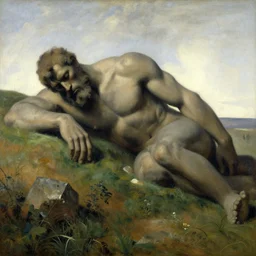 giant titan colossus sleeping on hills by henri rousseau masterpiece shadows and highlights