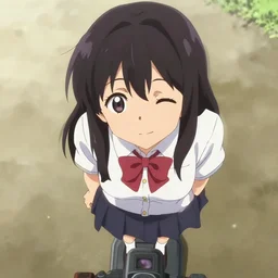 anime cell shaded, anime ( ( ( tanned ) ) ) girl wearing school outfit looking down towards camera, winking at camera from the top, looking towards the camera, standing on top of the camera looking down