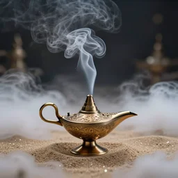 “Magic smoke swirling out of an ornate oil lamp in the sand, swirly smoke, surrounded by clouds, air particles, glitter, cinematic, 50mm lens, bokeh”