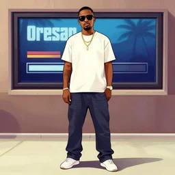 full body of Orelsan with sunglasses GTA V loading screen illustration in the style of Stephen Bliss, uncrop, uncropped Orelsan very detailed illustration, full body Orelsan trending on artstation, Orelsan trending on deviantart, symmetrical face Orelsan