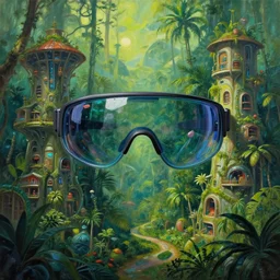 cyberpunk visor, cyberpunk buildings in the tropical forest, wild jungles with organic housing, cyberpunk, high - quality surreal painting