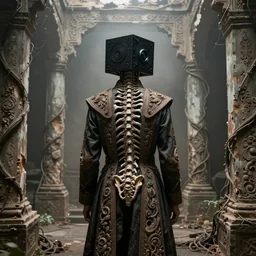 back view of man standing inside ornate ancient rotting template, haze, vines, exposed spinal column, black biomechanical cube helmet, grain, iris van herpen, jean delville, james jean, ornate garments