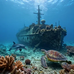 underwater shipwreck surrounded by coral and dolphins and sea turtles, caustics, shallow depth of field, moody lighting, 8 k, concept art,