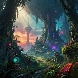urbex by zack snyder, meadow postcyberpunk wilderness magic realism futuristic rainforest evil alien dieselpunk sunlight gem neon noir myst architecture island flowers steampunk fantasy tokyo at winter thermal vision anime fisheye desert san andreas sunset at dawn bioshock, archdaily, wallpaper, highly detailed, trending on artstation.