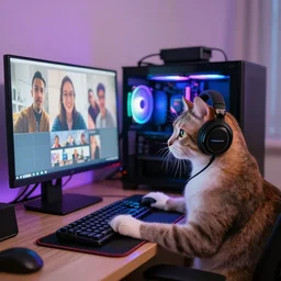 a little cat with headphones playing the computer with his online friends, gaming pc, rgb lighting