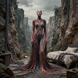 woman inspired by zdzislaw beksinski, canyon landscape, clothes made out of veins, rgb, cables everywhere, bedroom, ultra realistic, concept art, intricate details, highly detailed, photorealistic, octane render, 8 k