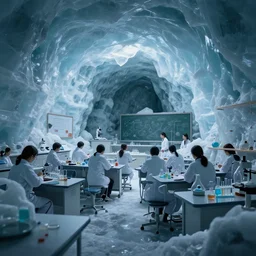 chemistry class room inside an ice cavern, uncanny, award winning, 4 k