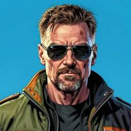 hyper detailed comic illustration of a cyberpunk Walter White wearing a futuristic sunglasses and a gorpcore jacket, markings on his face, by Eng Kilian, intricate details, vibrant, solid background, with headroom above head