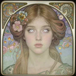 a beautiful young lady with huge bright silver eyes, colored daguerreotype by pontormo, by bosch, by mucha, by Mackintosh, by max ernst, by ernst heackel, modern art noveau, ornate, highly detailed, liminal, eerie, Bright pastel color