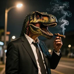 mob boss with a dinosaur head smoking a cigar under a streetlight at night, cinematic