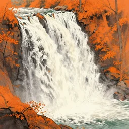 an endless waterfall, orange colour splash, autumn, painted with a thick brush, detailed sumi - e illustration