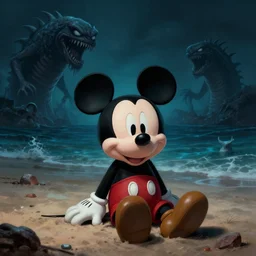 Mickey Mouse sitting on a terrifying beach ,Scary sea monsters swim in the distance, dark, dim, nightmarish, digital painting, in the style of raphael lacoste, super detailed, artstation