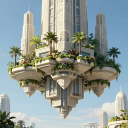 geometrically symmetrical hanging garden based on the design of versailles in a  futuristic megacity made of travertine brutalist aztec temples, sci-fi, blue sky, optimistic matte painting, concept art, style by syd mead, 8k, octane render