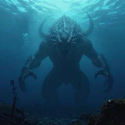 Deep underwater with an enormous evil creature looming in the distance, digital art, trending on Artstation,