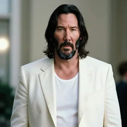 A beautiful hyper realistic detailed concept art of fat Keanu Reeves wearing a dirty white blazer, center framing, soft focus, natural lighting, f2, 50mm, hasselblad, film grain, portrait lighting, light leaks