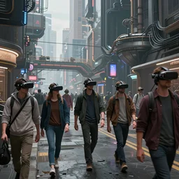 an intricate detail of a city street in the metaverse with walking people with VR headsets and wires, highly detailed, cinematic lighting, volumetric lighting,  Artstation, concept art, hyper realistic, cgsociety