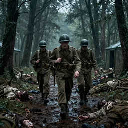 cinema still of wwii american soldiers walking into a deserted camp full of decomposing bodies in the middle of an eerie dark forest, heavy rain, horror, highly detailed, creepy cinematic light, cooke lens 2 2 mm deep focus, horror, promotional photograph, smooth, sharp focus, golden ratio, dramatic illumination, ultra realistic, 4 k, shot by christopher nolan and steven spielberg