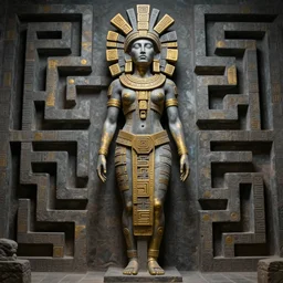 beautiful aztec inca woman colossus full body well proportioned stands to labyrinth by eddie mendoza hyperrealism expressive cyborgess symmetrical very very detailed giger beksinski grey and gold