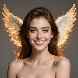 ( ( portrait ) ) happy young lady angel with wings tattoo on her shoulder, gorgeous smiling symmetrical face, white clean teeth, surreal beauty, flare, wlop octane render, 8 k
