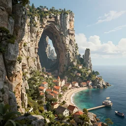 cliffs, arch, cove, port town, fantasy, exquisite, volumetric lighting, 8 k octane beautifully detailed render, post - processing, extremely hyper - detailed, intricate, epic composition, cinematic lighting, masterpiece, trending on artstation, stunning art by caravaggio, by simonetti, beautiful cinematic light