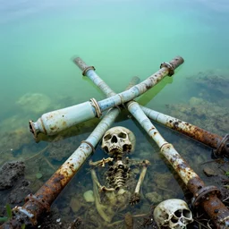 corpses and bones buried in oil and crossed by delicate porcelain rusty pipes in a glowing iridiscent lake leica, 2 4 mm