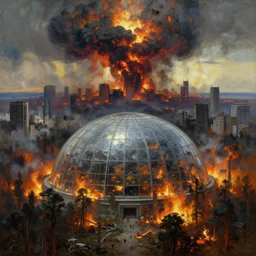 post - apokalyptic, nuclear explosion on the horizon, destruction capital city of the free republic of liberland hyperdetailed, glass dome, burning forest, artstation, painting by gaston bussiere, craig mullins, j. c. leyendecker, 8 k