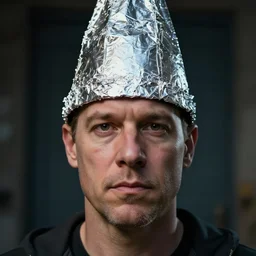 hyperrealistic mixed media image of info wars alex jones wearing aluminum foil cone hat, stunning 3 d render inspired art by xiang duan and thomas eakes and greg rutkowski, perfect facial symmetry, hyper realistic texture, highly detailed realistic attributes and atmosphere, dim volumetric cinematic lighting, 8 k octane render, post - processing, masterpiece,