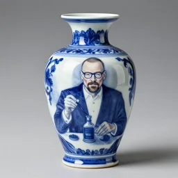 a delft blue vase with walter white making meth depicted on it