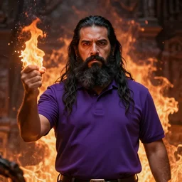 mexican physics teacher with long beard wearing a purple polo shirt rules as a dark emperor, detailed, cinematic, fiery