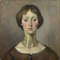 expressive distorted medium shot portrait of a woman with long neck, big ears and a small head, short brown hair, brown and blue palette, oil painting, impasto, muted colors, artwork by arnold bocklin